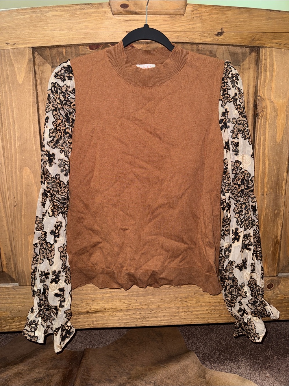 Women's Brown Mixed-Media Pullover Sweater with Floral Sheer Sleeves
